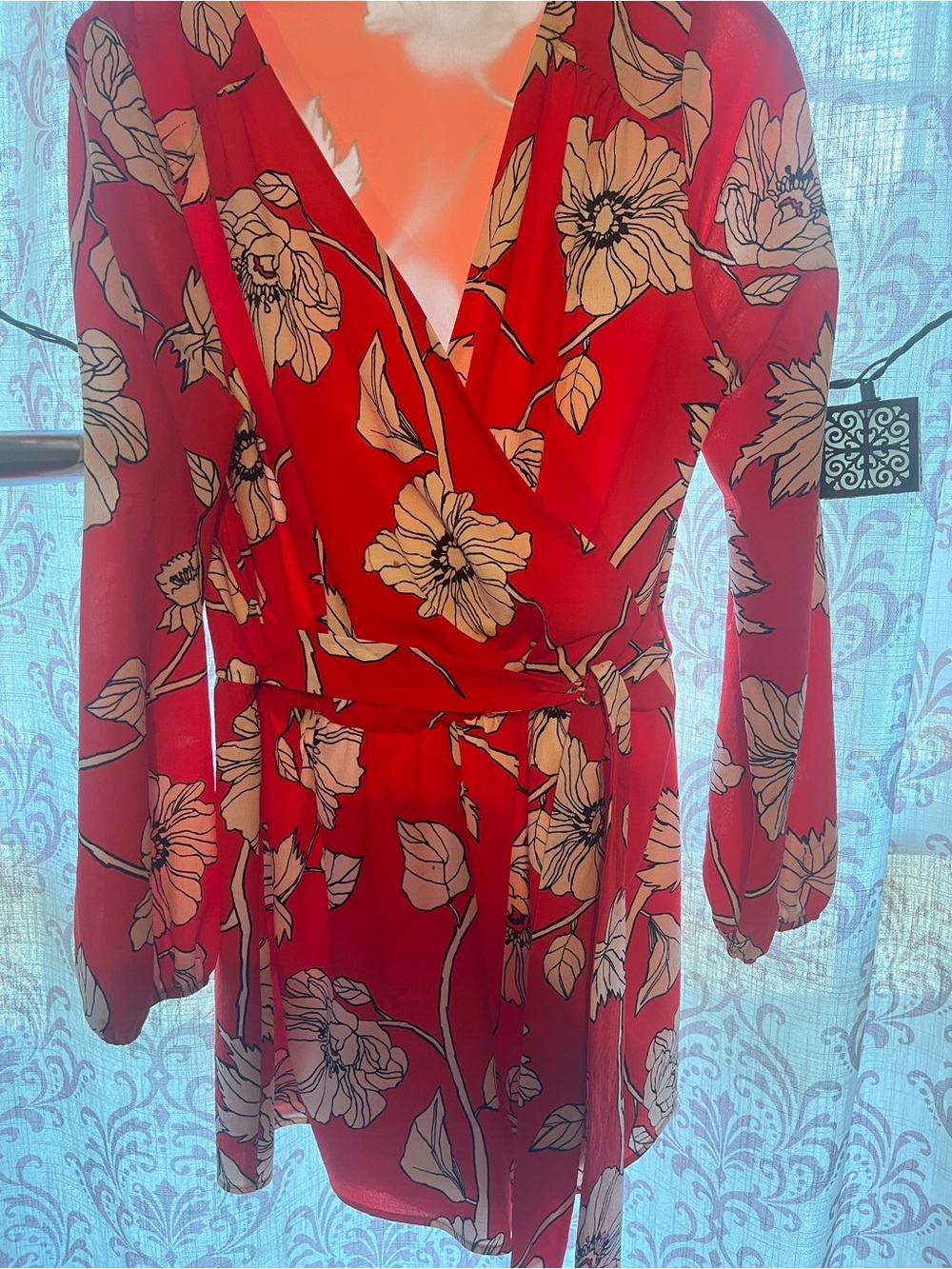 Red Floral Wrap romper with Tie Waist